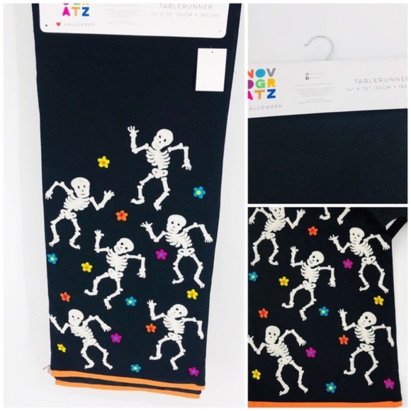 NWT Fall Halloween Embroidered Skeleton Black Table Runner - Picture 2 of 8